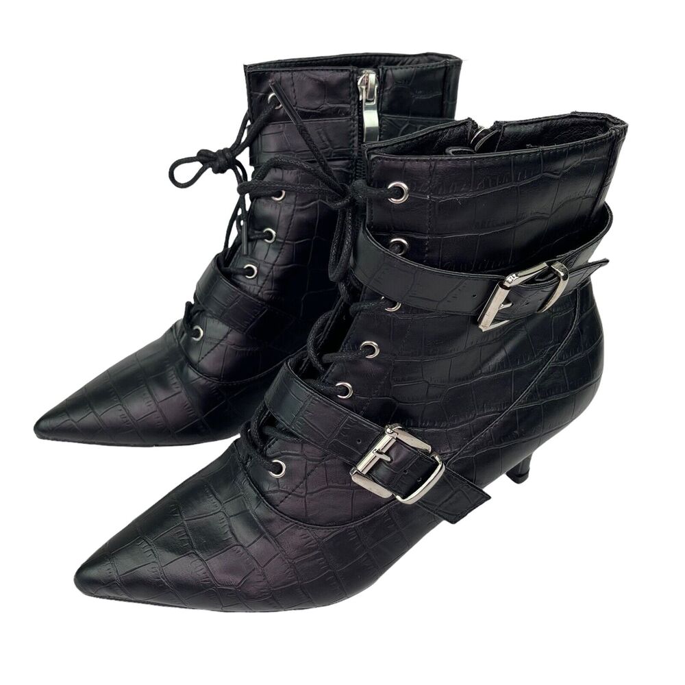Truffle Collection Faux Leather Croc Embossed Buckle Lace Boots UK 4 US 6